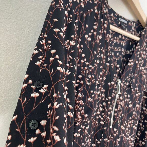 Express Womens Small Floral Zip Front Blouse Roll Tab Sleeve Shirt V Neck - Picture 6 of 8